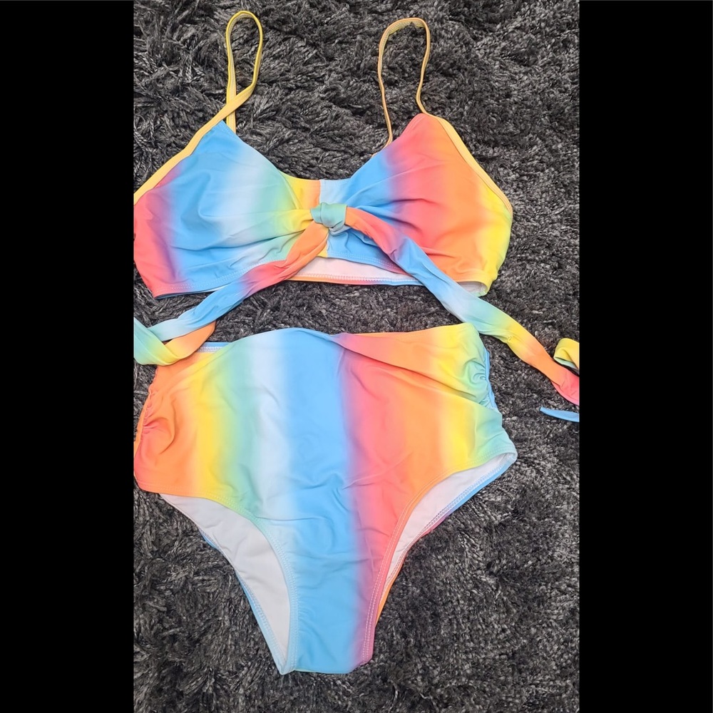Summer sexy bikini print neon beach wear pool suim suit high waist tie multi col - Picture 4 of 7